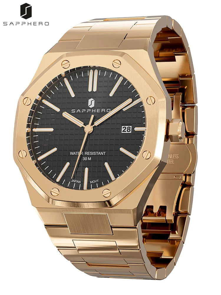 "SAPPHERO Rose Gold Men's Watch - Octagon Quartz Watch with Waterproof Design"