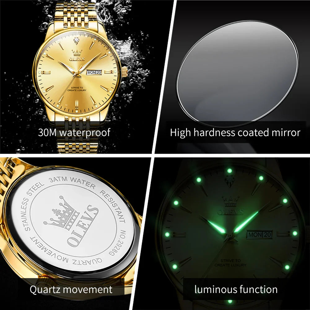 OLEVS Luxury Top Brand Men's Quartz Watches Classic Original Watch for Men Business Fashion Waterproof Gold Men's Wristwatch+Box